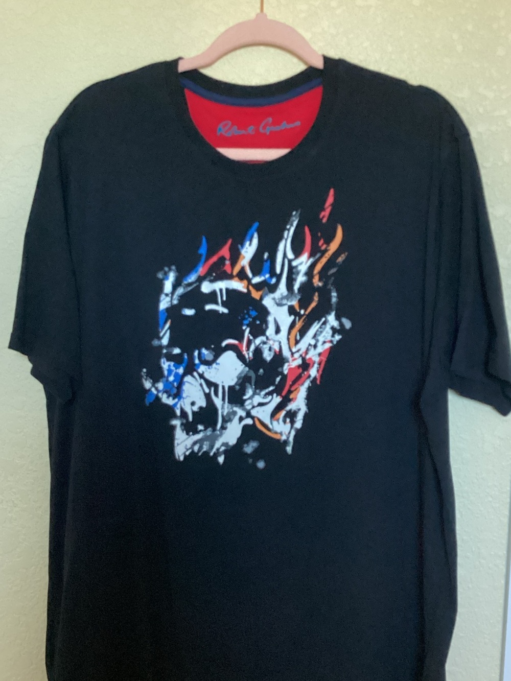 Robert Graham Black Short Sleeve Tee with Multicolor Flaming Skull Graphic